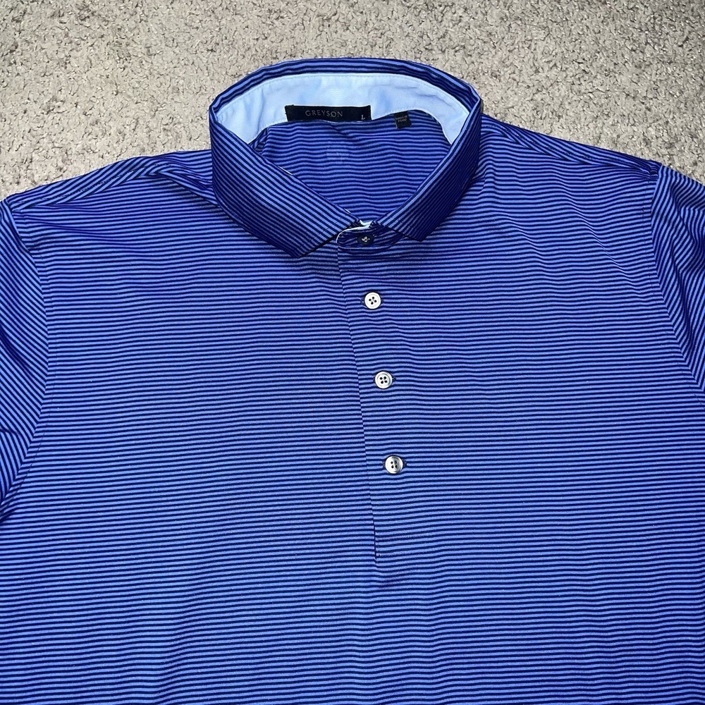 Greyson Wolf Stripe Golf Tennis Polo Shirt Light Dark Blue Men's Large Large